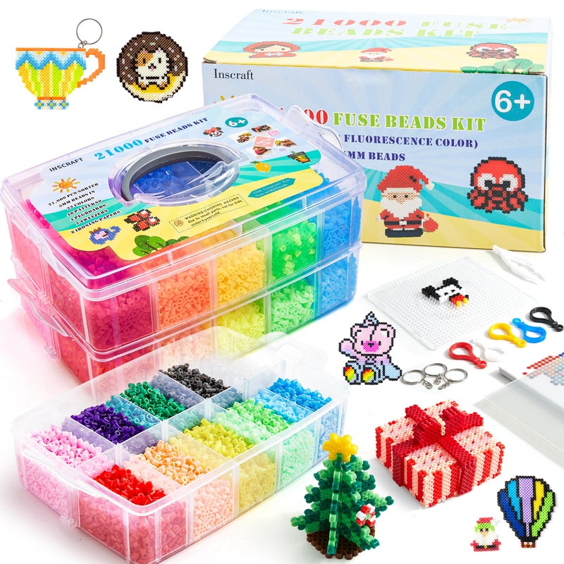 Inscraft Fuse Beads, 21,000 pcs Fuse Beads Kit 22 Colors 5MM for Kids, Including 8 Ironing Paper,48 Patterns, 4 Pegboards, Tweezers, Beads Compatible Kit by INSCRAFT - Image 1